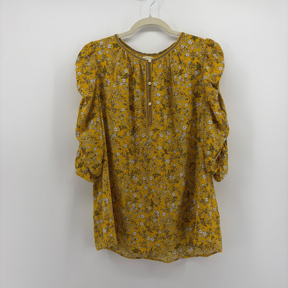 Max Studio Womens XL Yellow Floral Blouse Puff Sleeve Boho Top